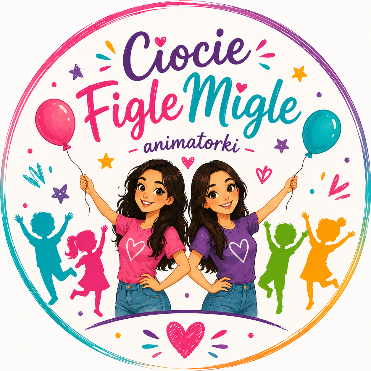 Logo Ciocie Figle Migle – dwie animatorki z balonami i kolorowymi sylwetkami dzieci